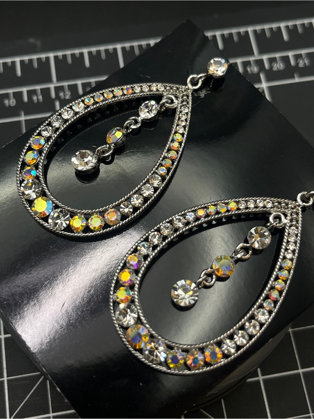 Sparkling AB Rhinestone Teardrop Dangle Earrings Silver Tone Statement